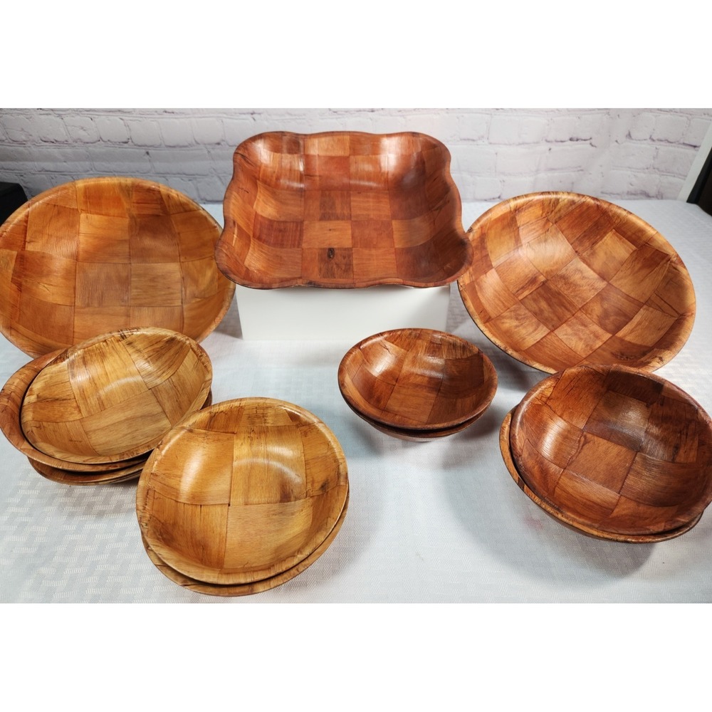 Vintage Pressed / Woven Wood Bowl Set 13 Pc Bamboo MCM Salad & Serving Bowls